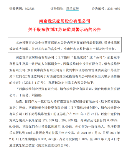 我乐家居：清仓减持股东所持股份为二级市场购买 在告知公司前就已完成抛售